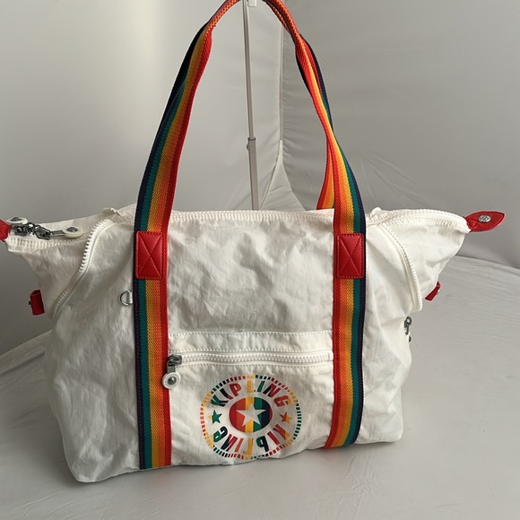 Kipling Art Medium Pride alabaster white multicolor logo rainbow strap tote bag - Picture 3 of 14